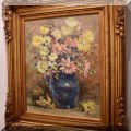 A05. Floral still life oil painting on board signed Alfred Perry. 20"h x 16"w 